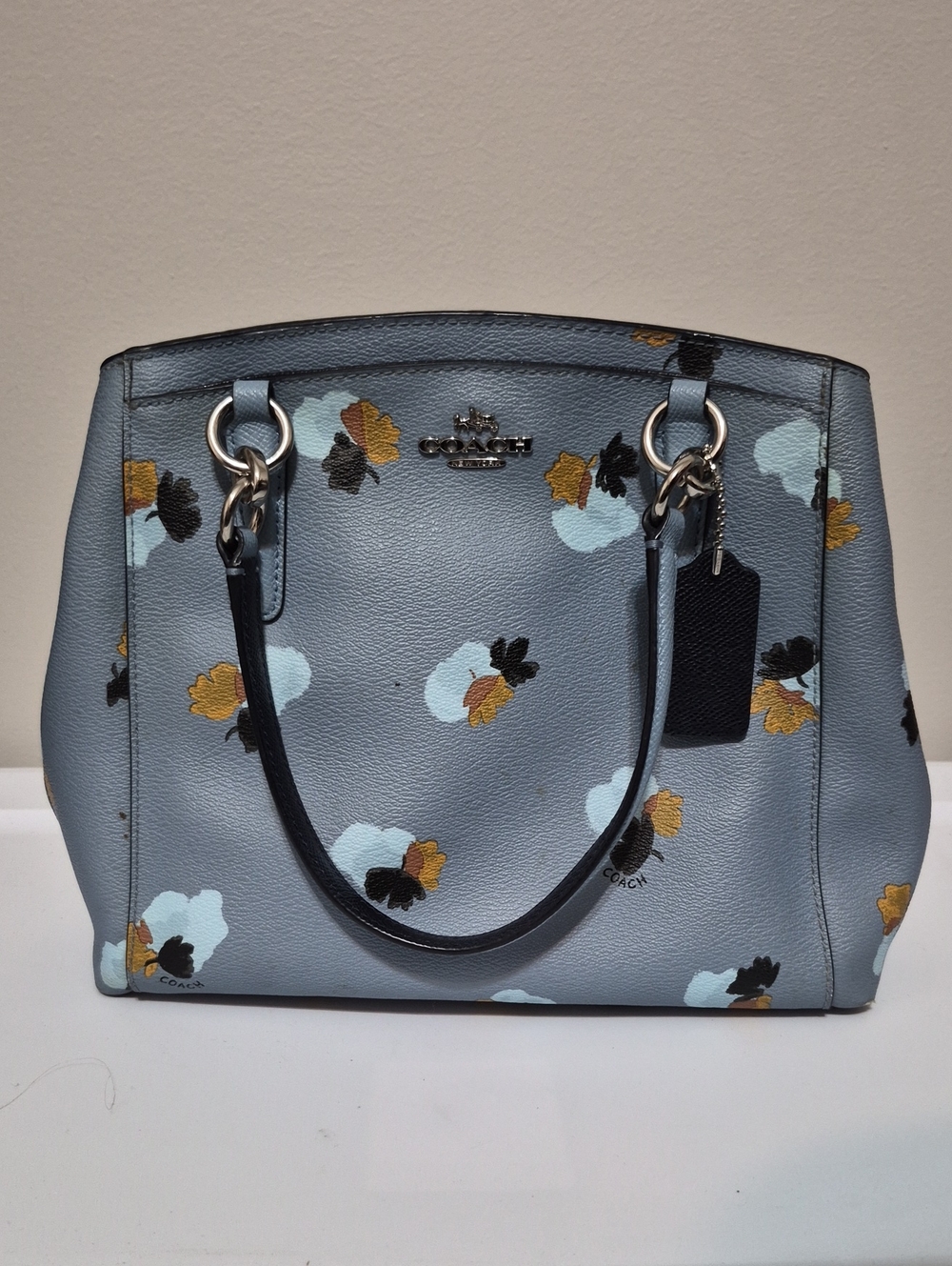 Coach Blue Floral Leather Satchel with Mustard Accents